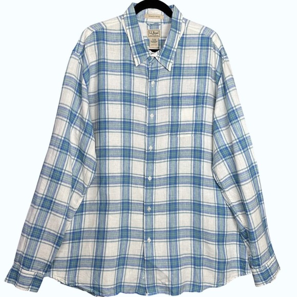L.L. Bean Other - LL Bean Button Down Mens XXL Blue Green Plaid Linen Slightly Fitted Shirt Summer
